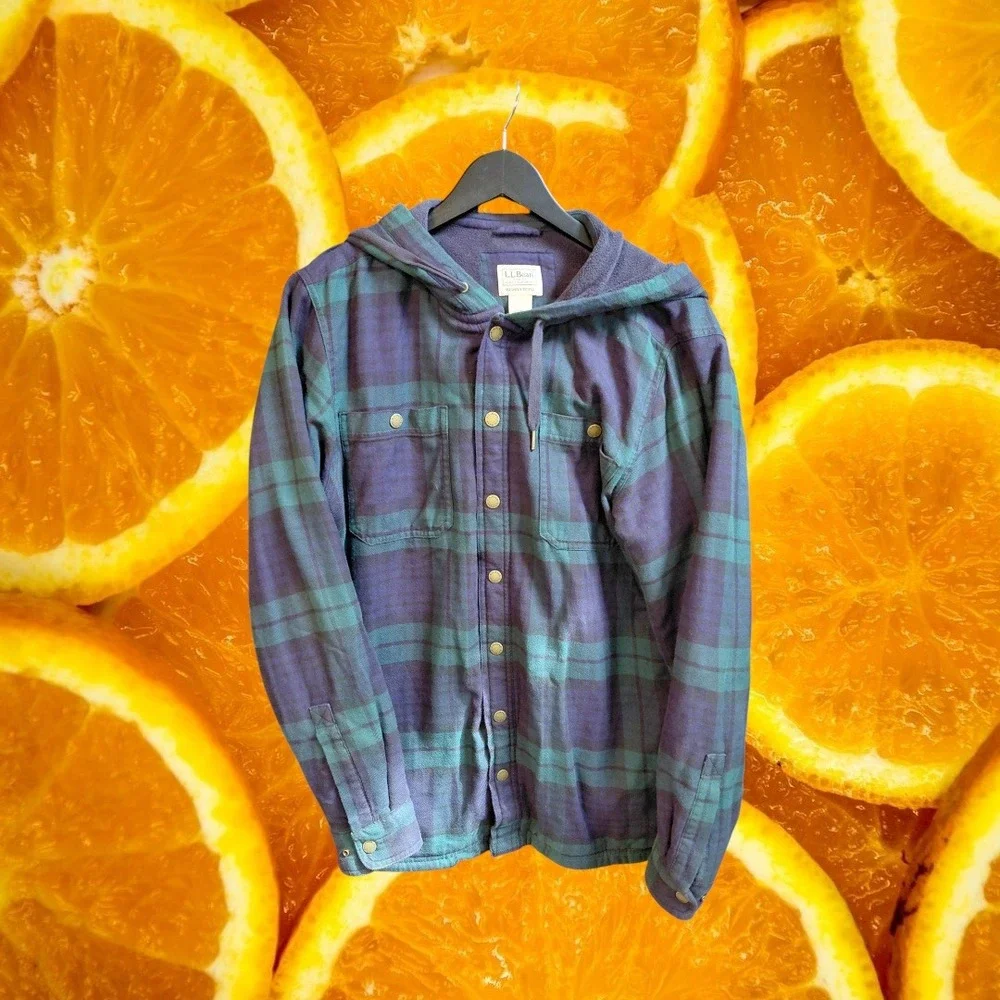 LL Bean M Plaid Fleece Lined Flannel Hoodie Navy Teal Shacket 513831